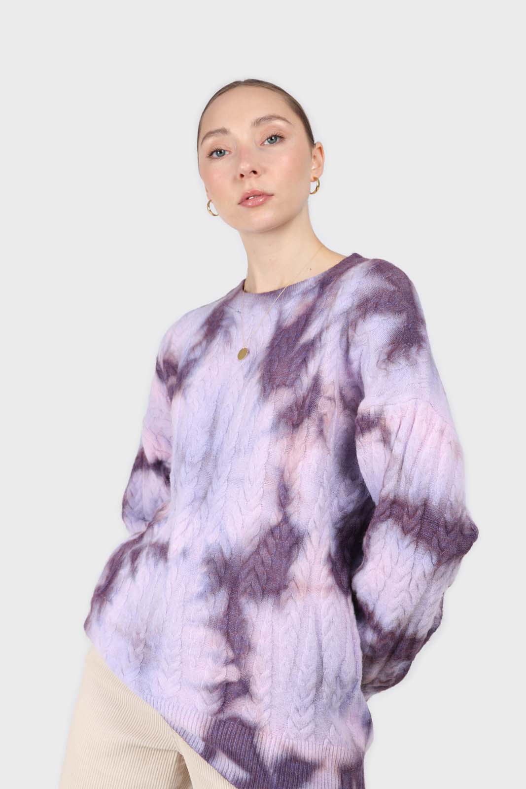 Lilac tie dye cableknit oversized jumper