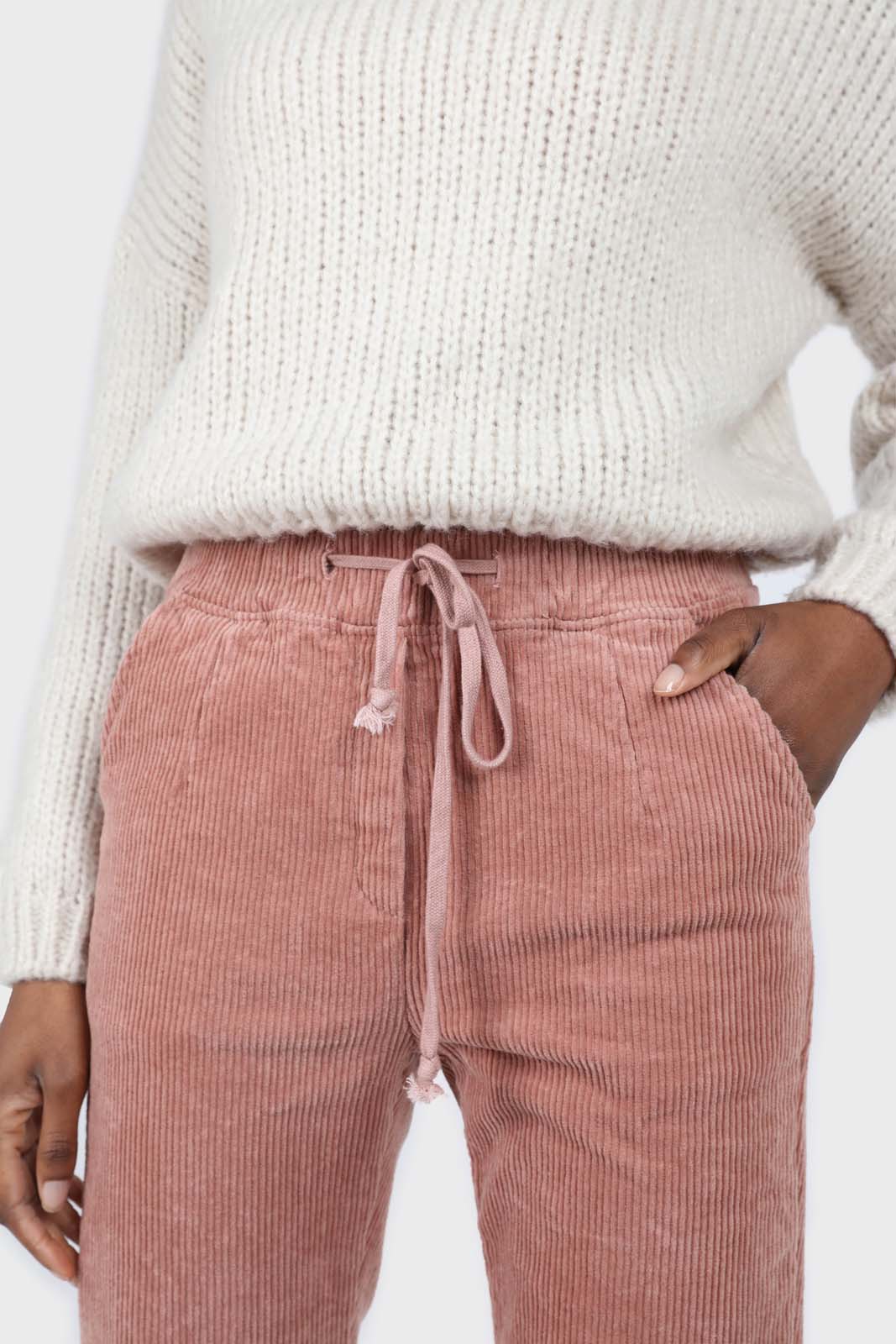 Pale pink corduroy drawstring loose fit trousers
