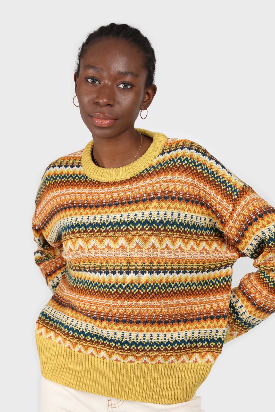 Yellow multi patterned crew neck jumper