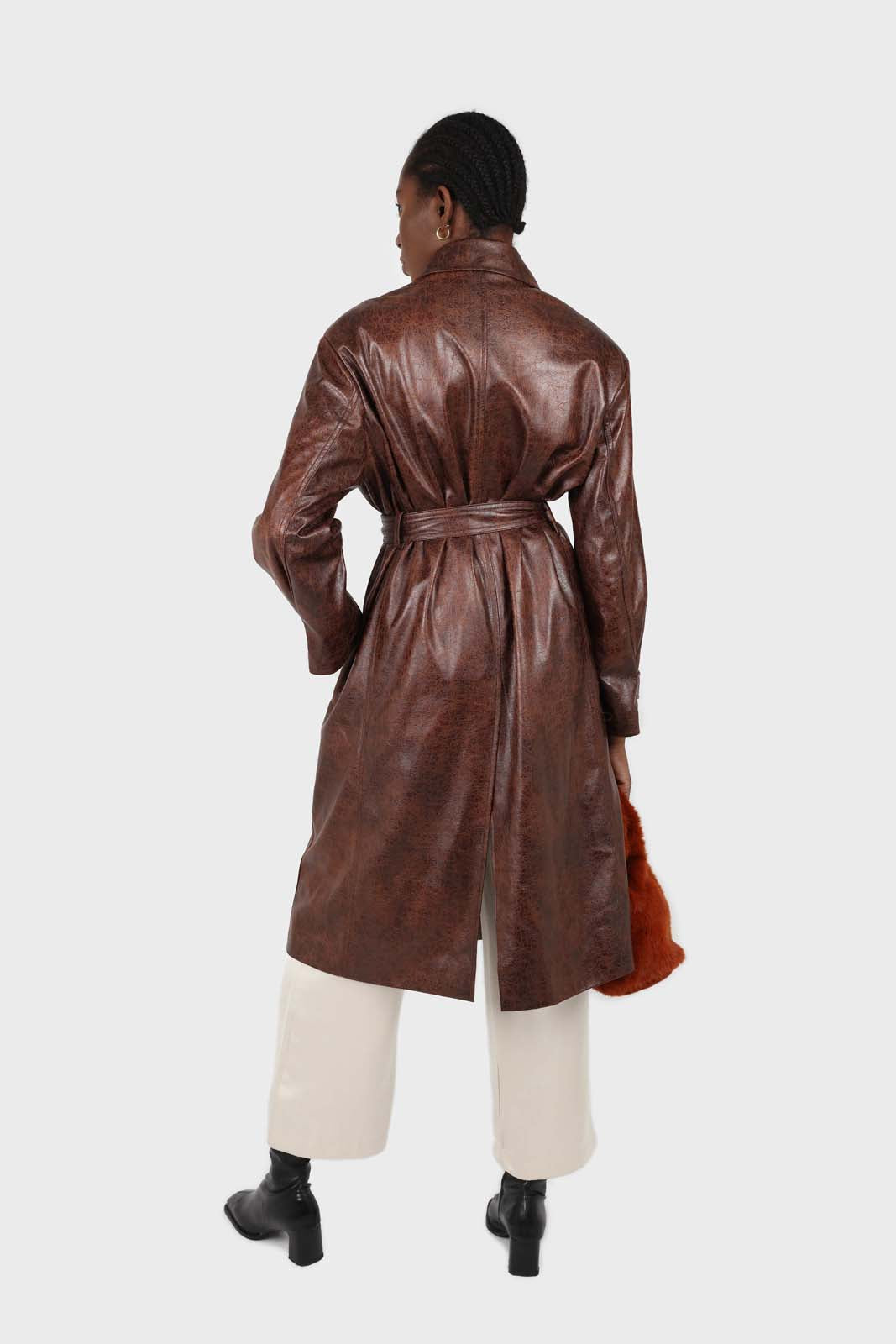 Brown cracked vegan leather belted coat