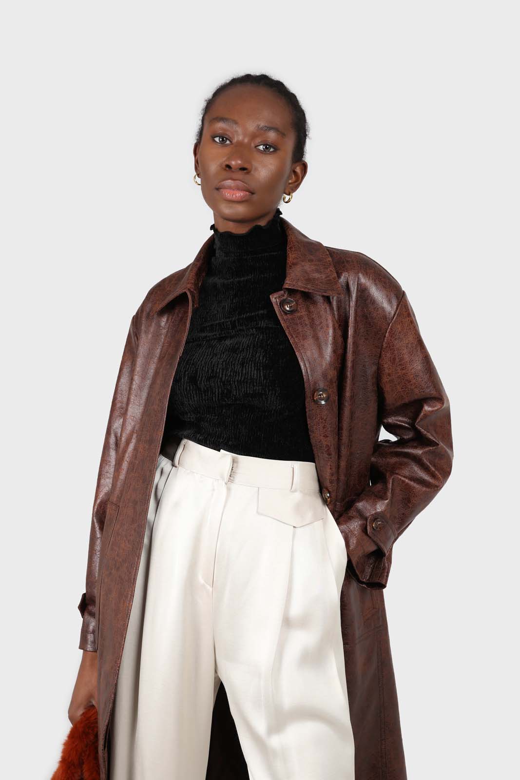 Brown cracked vegan leather belted coat