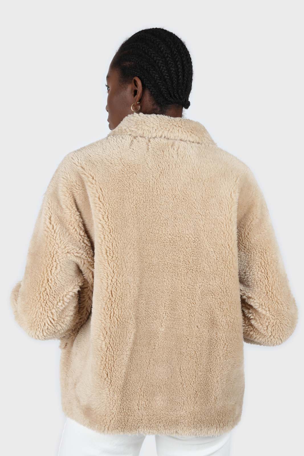 Beige large collar button up teddy jacket