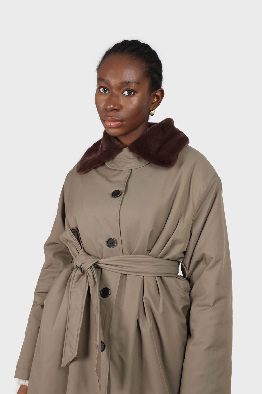Khaki and brown faux fur collar contrast faux fur lined trench coat
