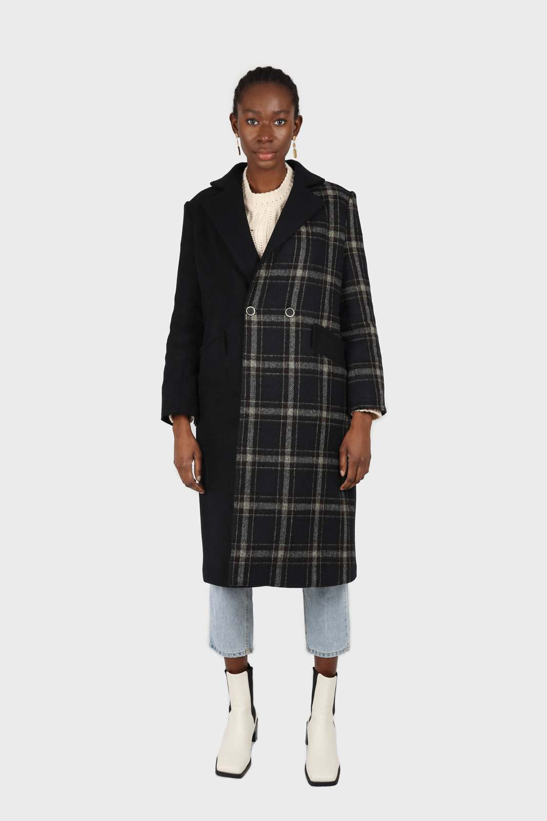 Navy contrast checked panel wool blend coat