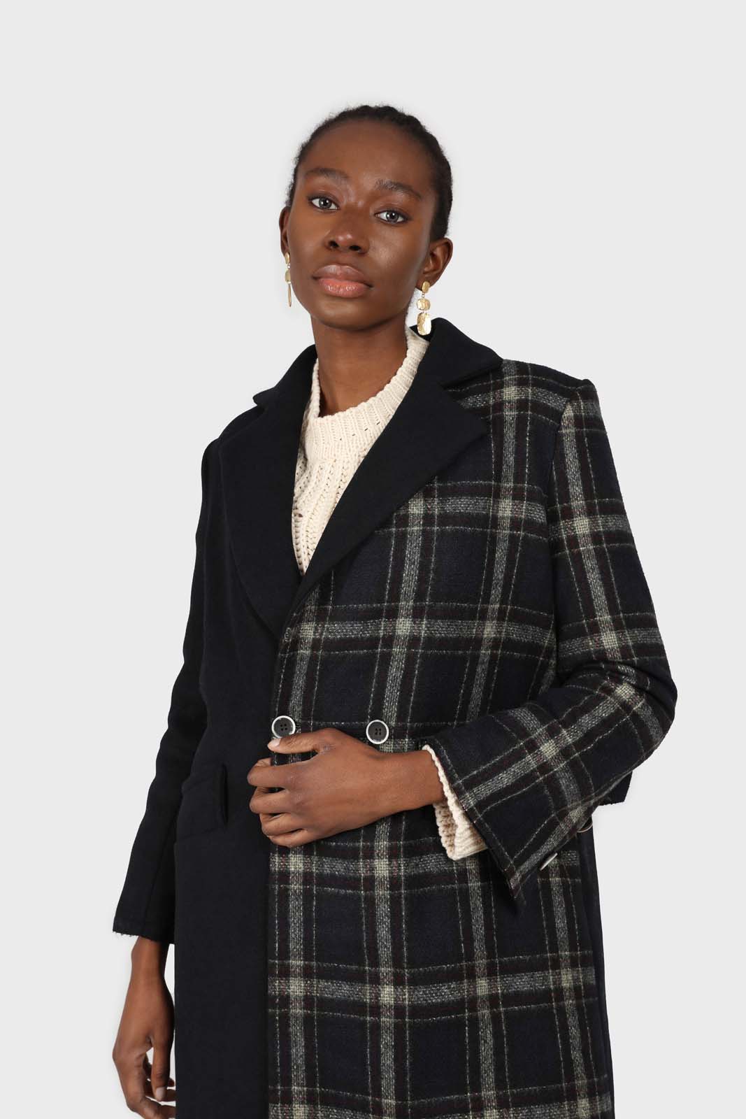 Navy contrast checked panel wool blend coat