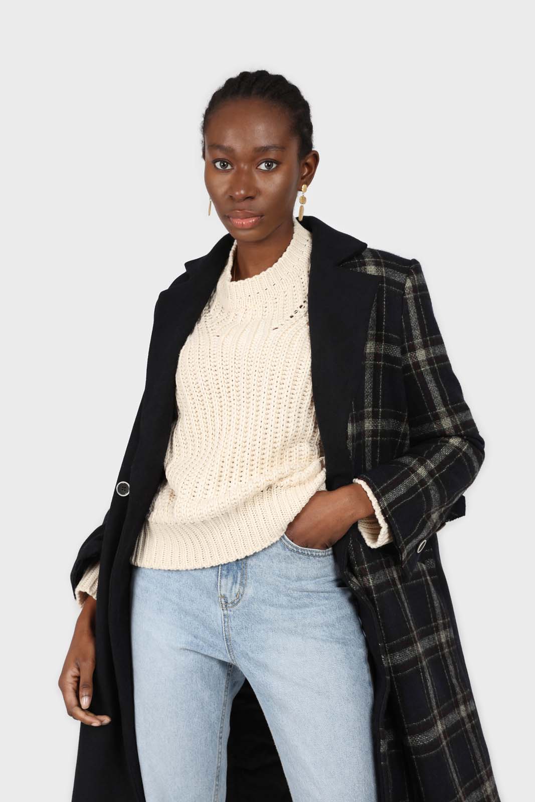 Navy contrast checked panel wool blend coat