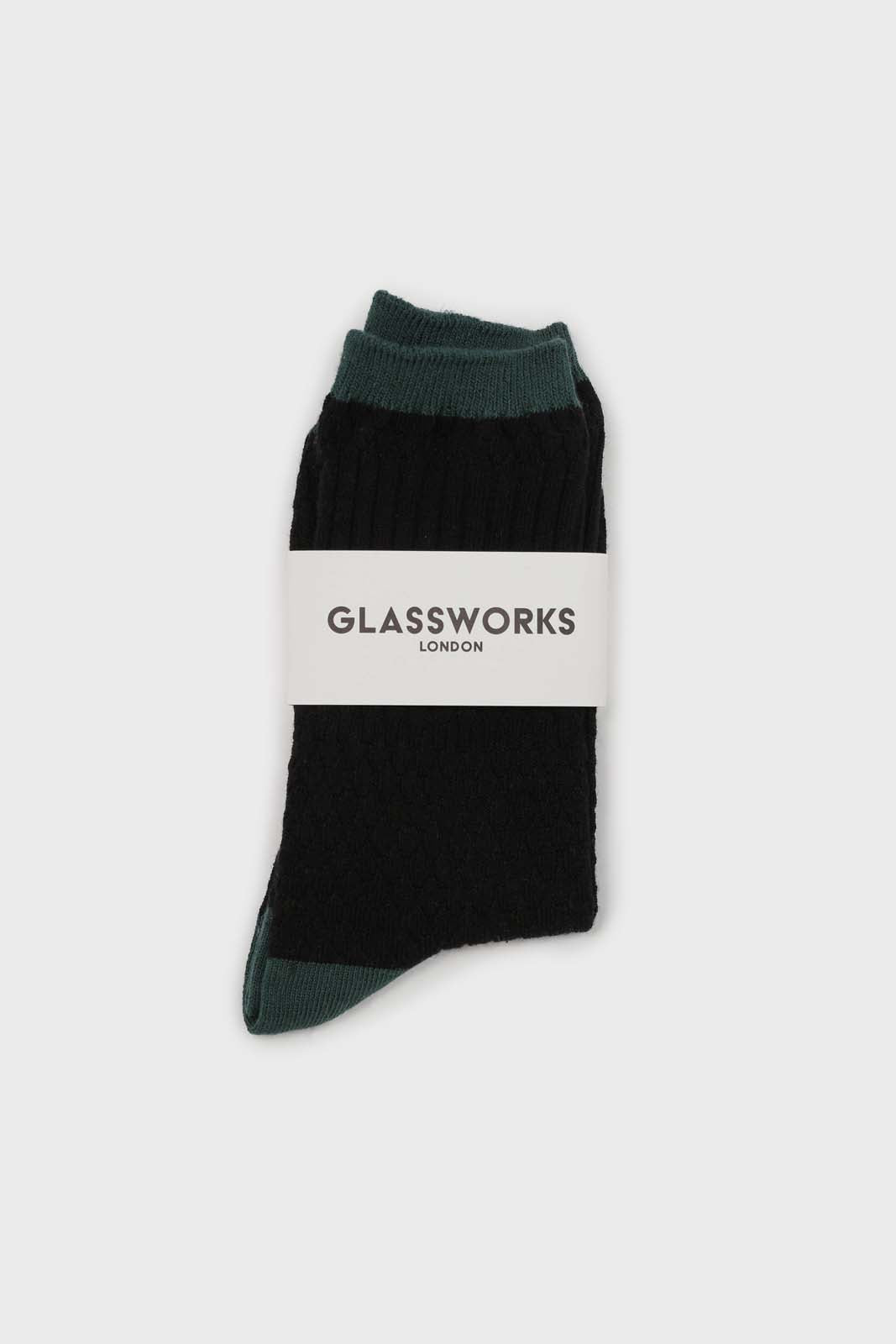 Black textured diamond green trim socks