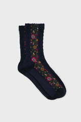 Navy blue textured floral strip socks