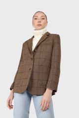 Beige checked wool blend patch pocket blazer