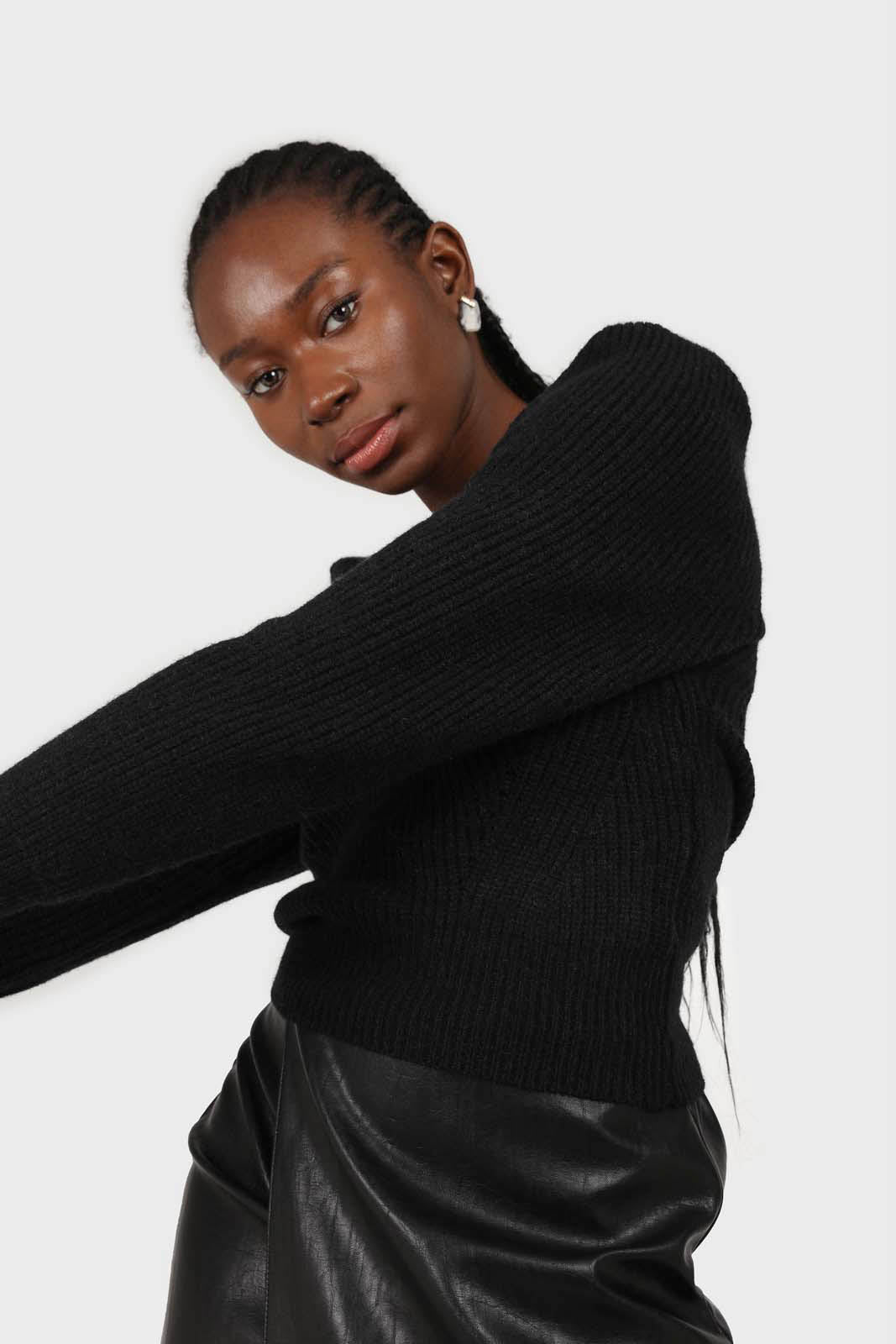 Black puff sleeved square neck knit top