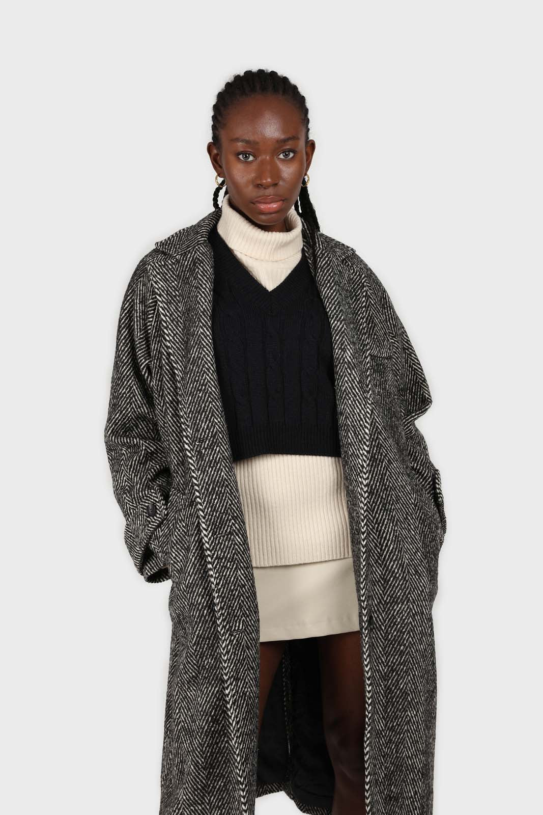 Black and white herringbone wool blend coat