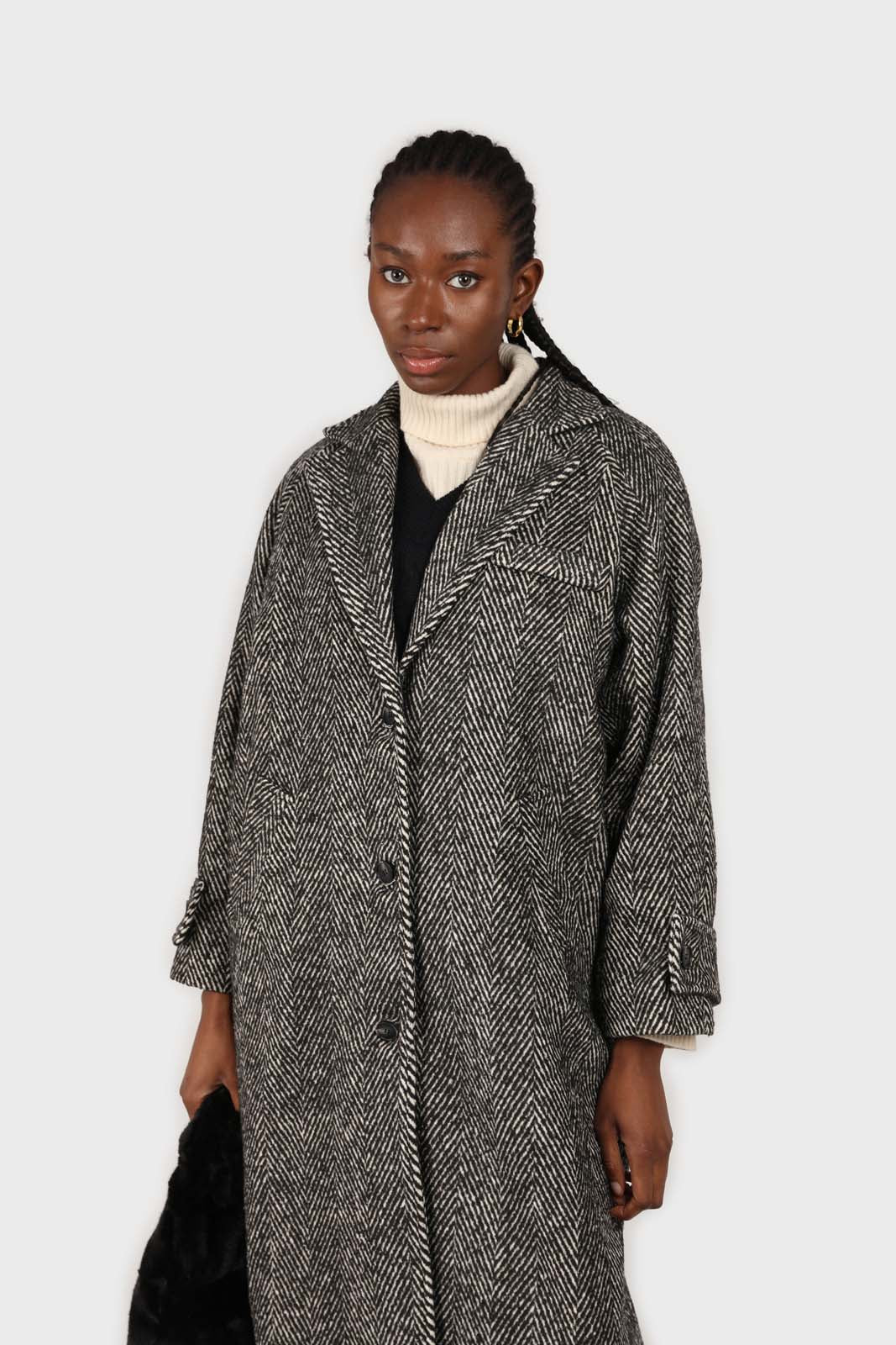 Black and white herringbone wool blend coat