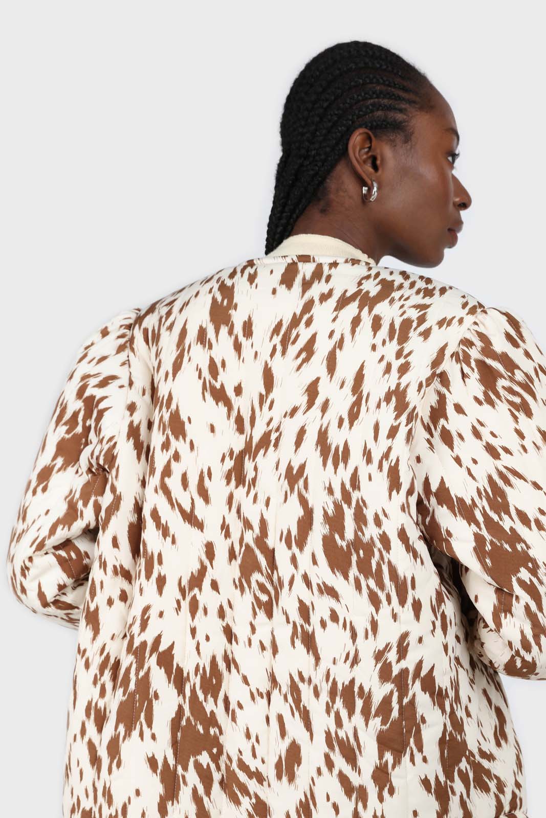 Ivory and brown animal print quilted puffer coat