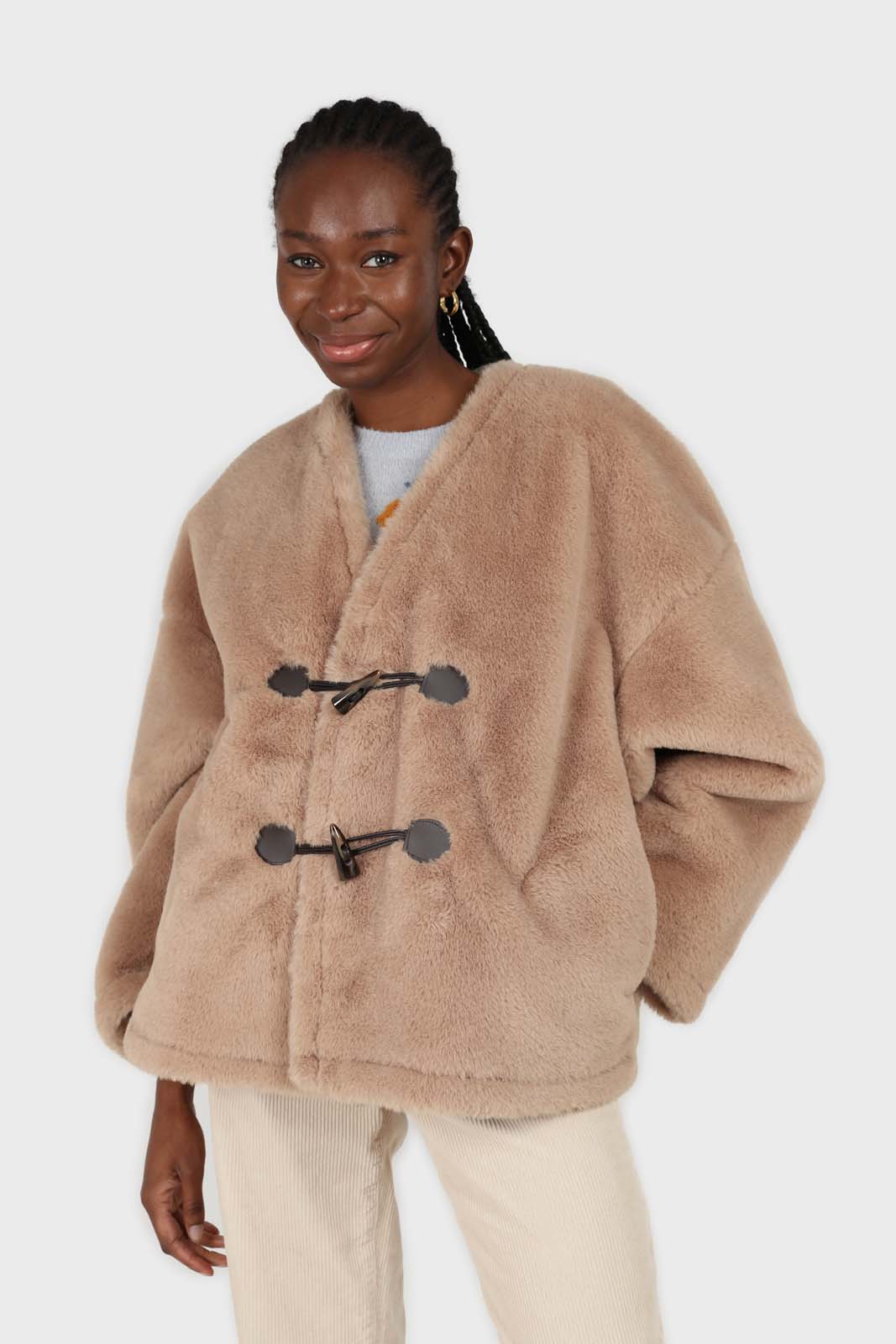 Beige faux fur toggle button short coat