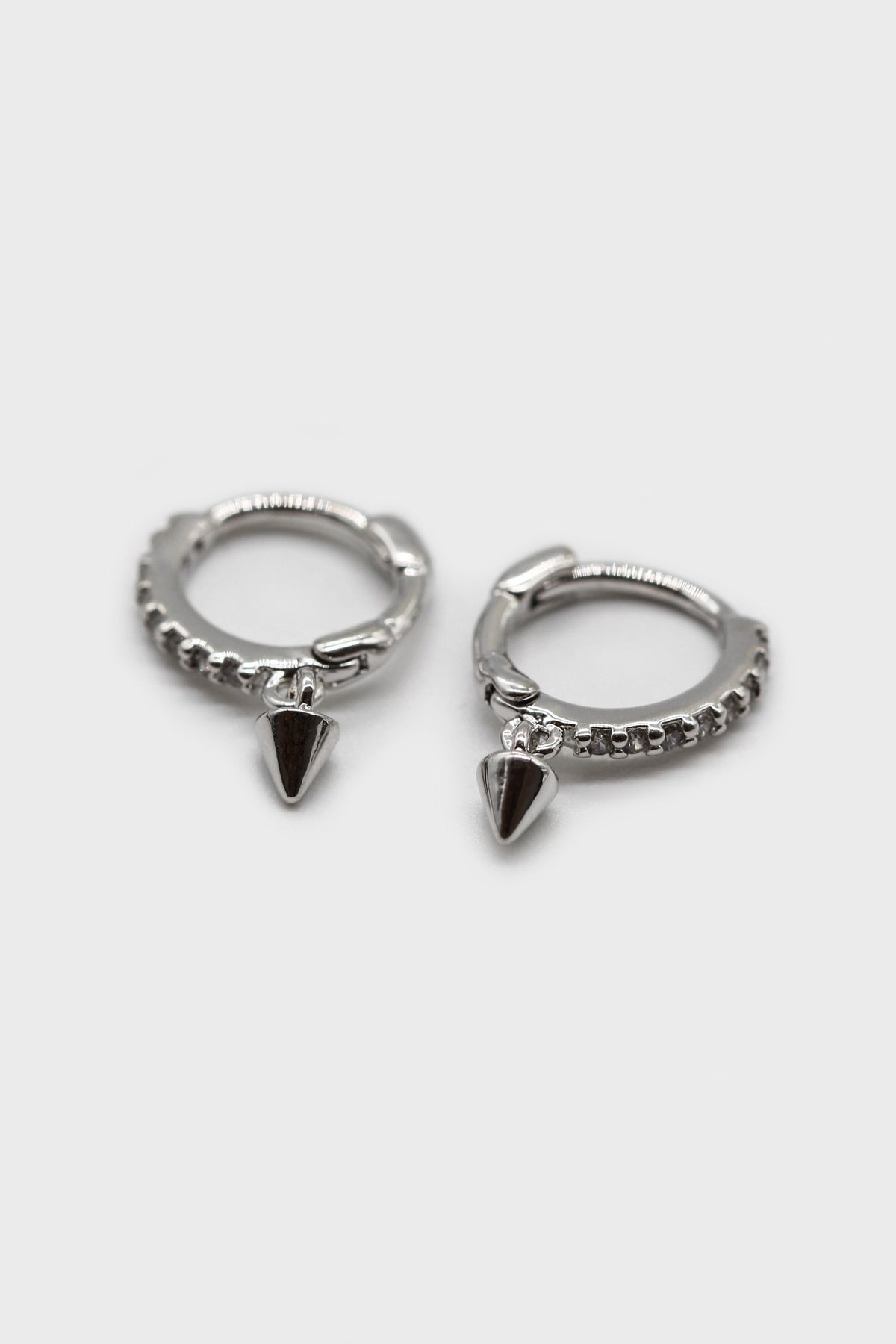 Silver pave dangling spike huggie earrings - 7mm