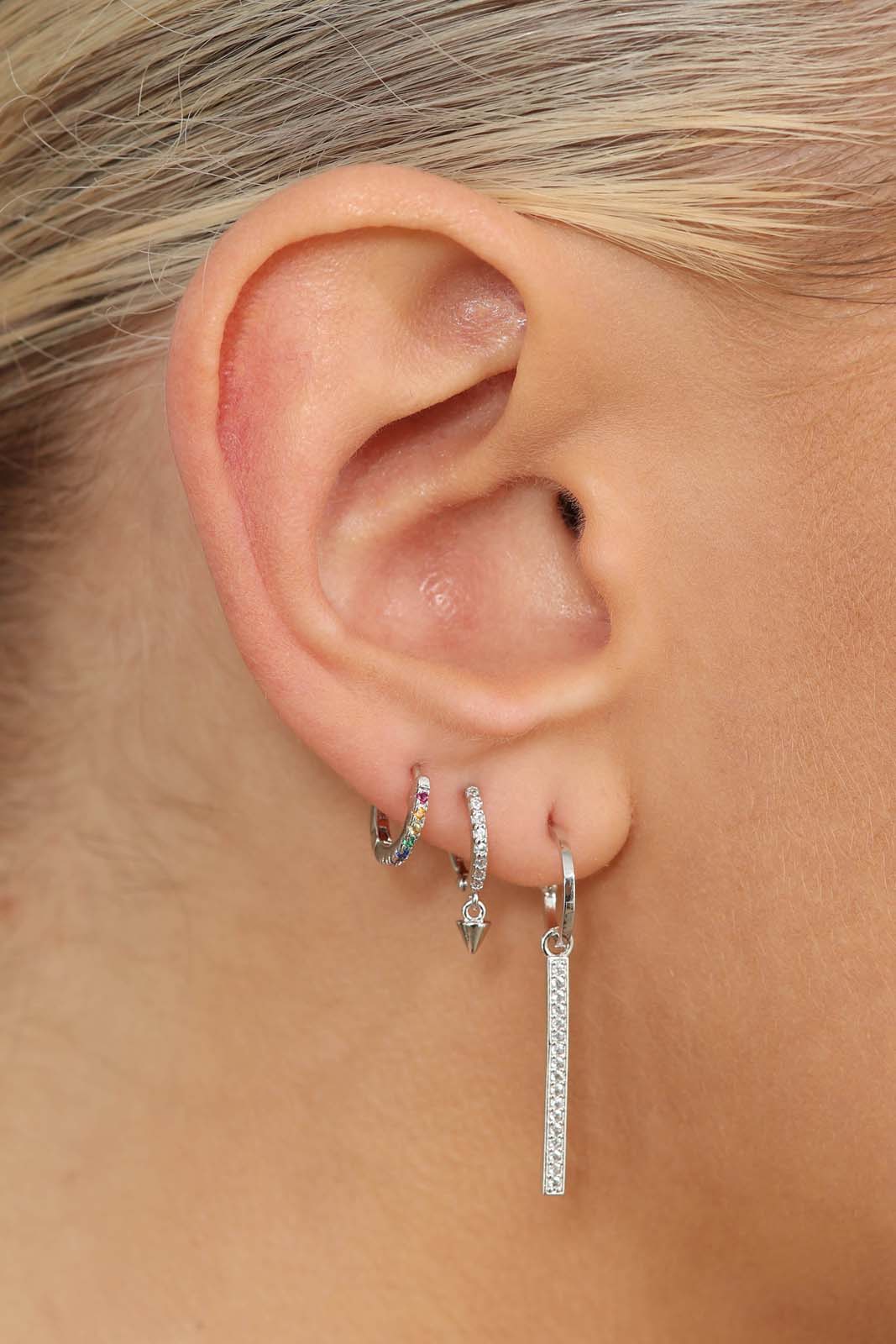 Silver rainbow pave huggie earrings - 6.5mm
