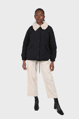 Black and ivory fuzzy pointed collar quilted jacket