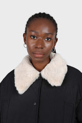 Black and ivory fuzzy pointed collar quilted jacket