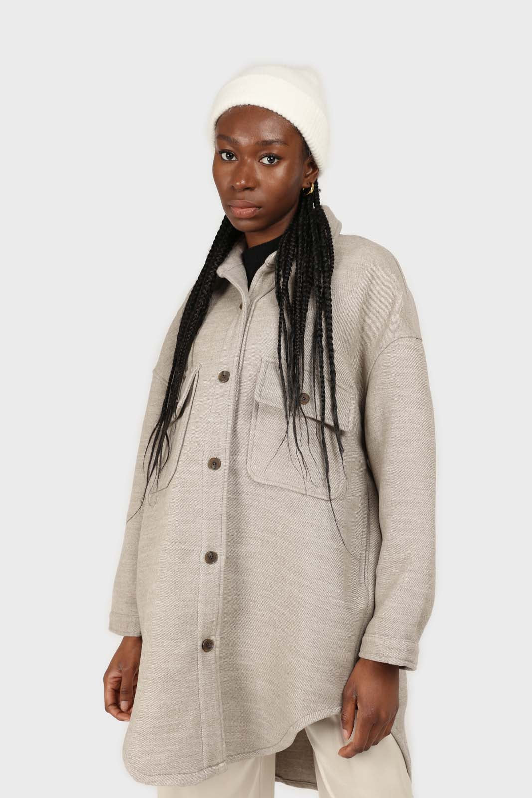 Beige wool blend oversized shirt jacket