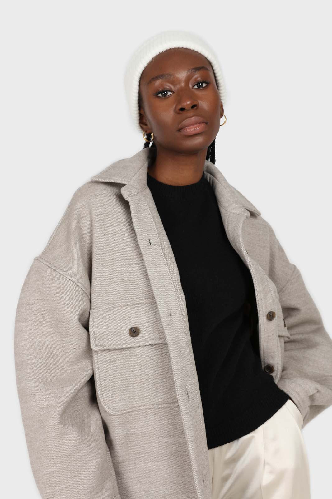 Beige wool blend oversized shirt jacket