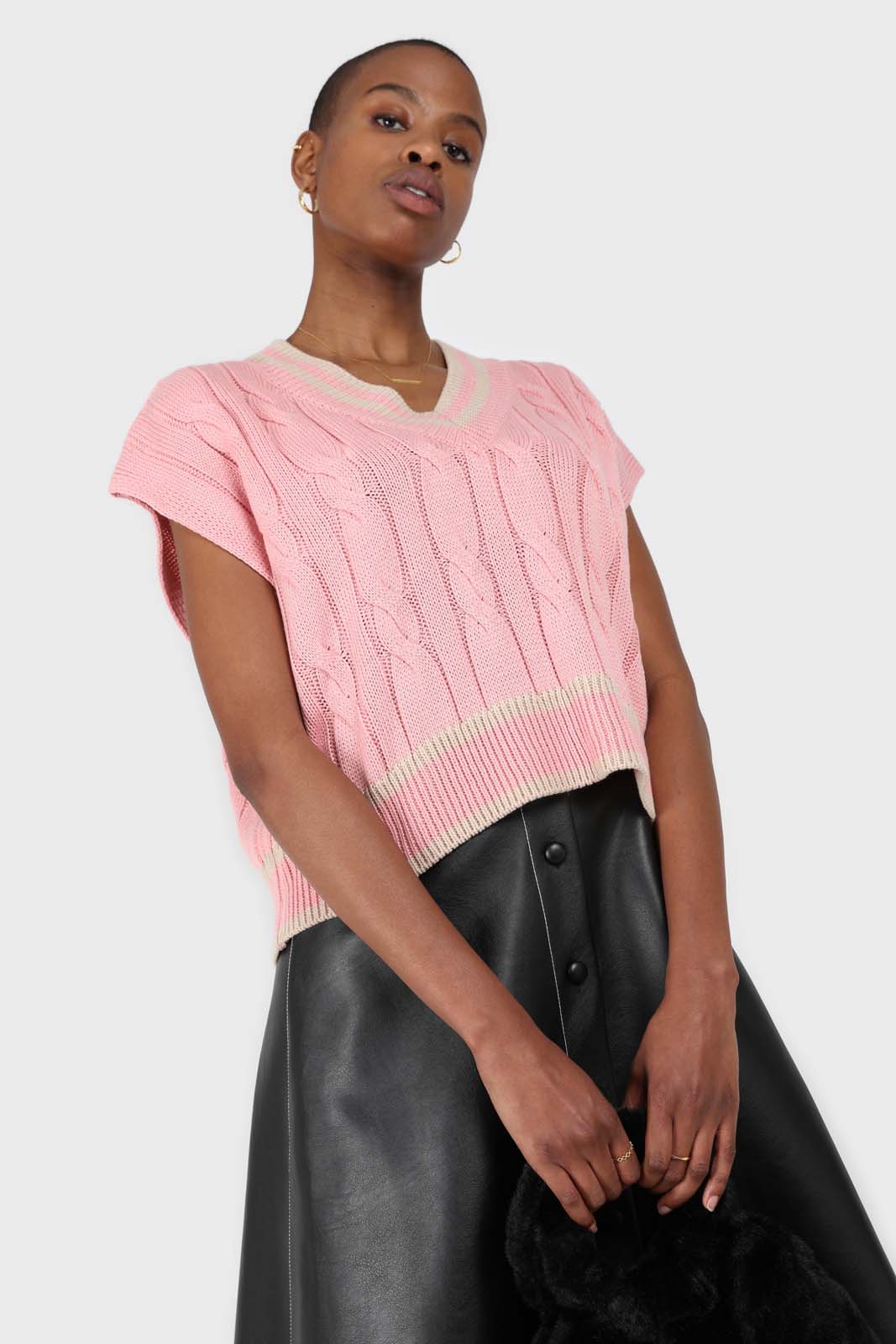 Pink and beige varsity trim cableknit vest