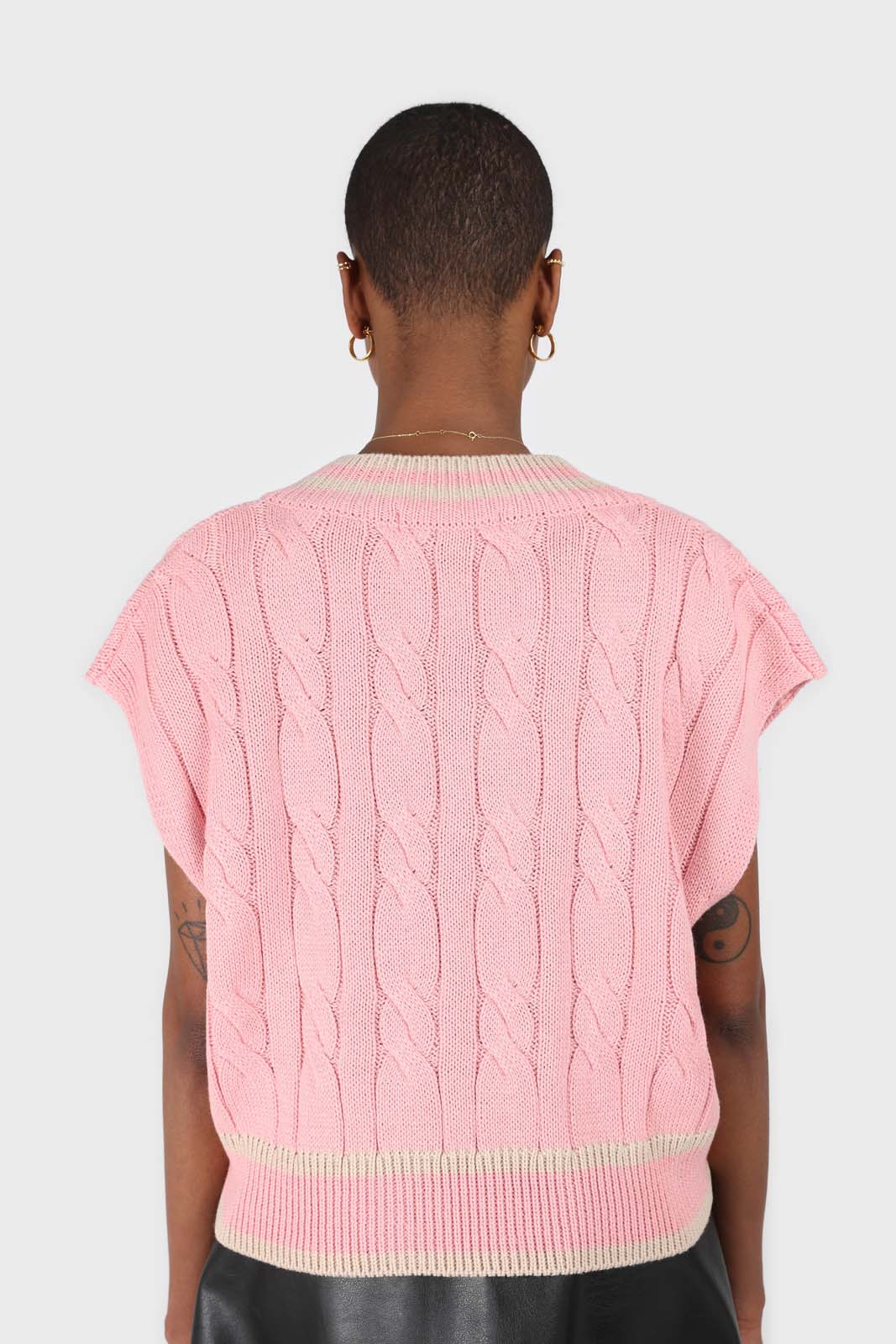 Pink and beige varsity trim cableknit vest