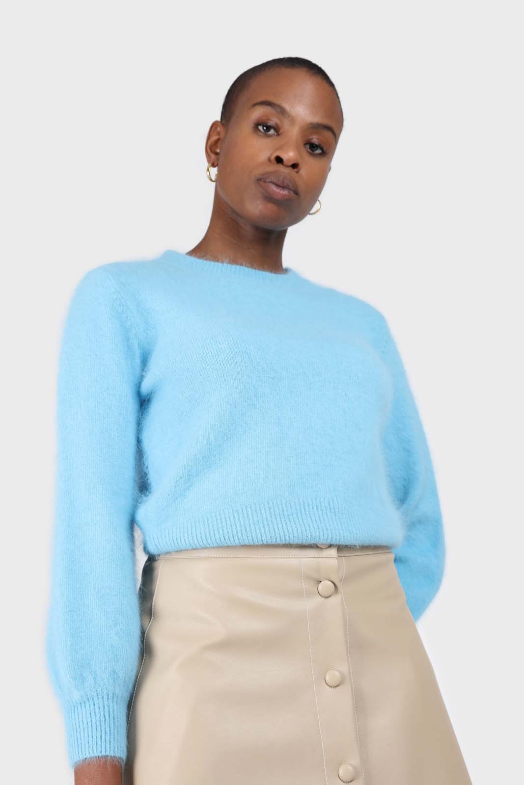 Aqua blue balloon sleeve angora jumper