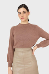 Brown pink balloon sleeve angora jumper