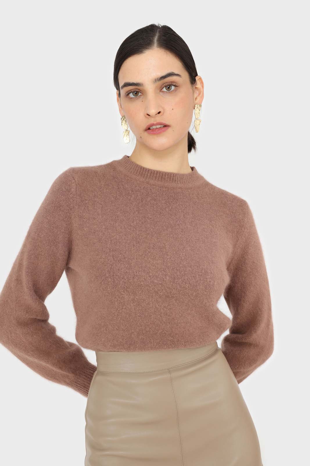 Brown pink balloon sleeve angora jumper