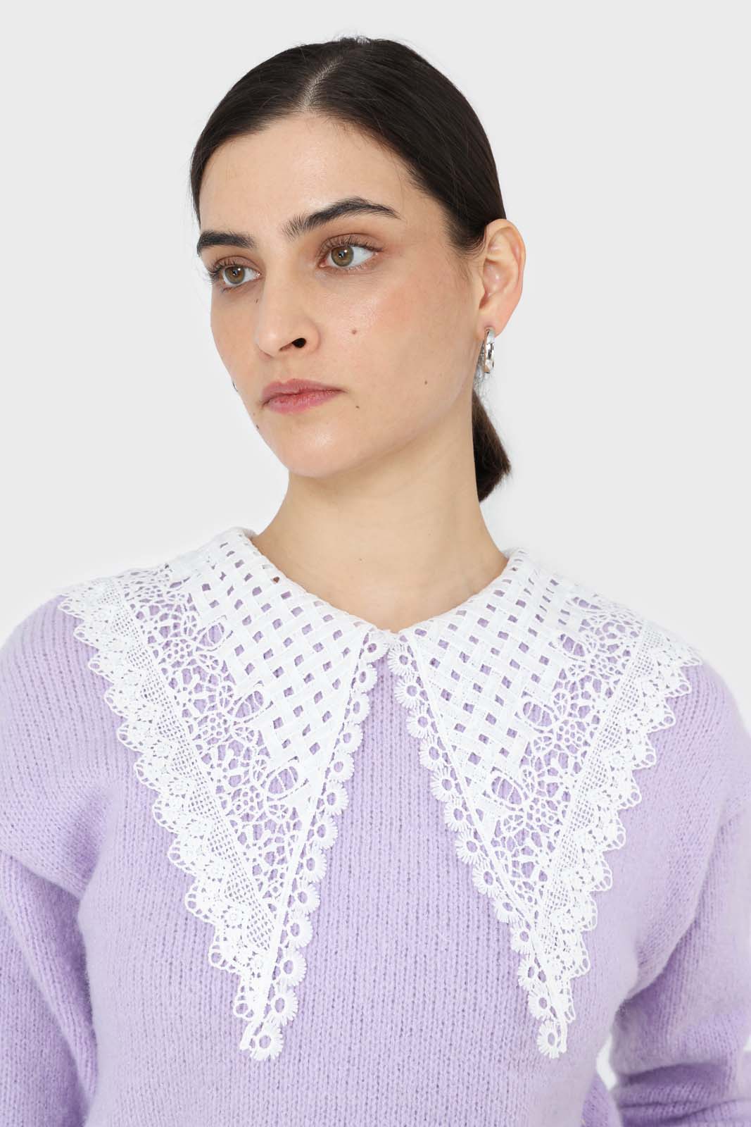 Lilac large lace collar knit top