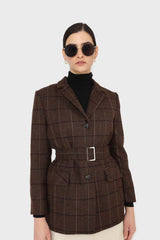 Brown checked wool blend thick belted blazer