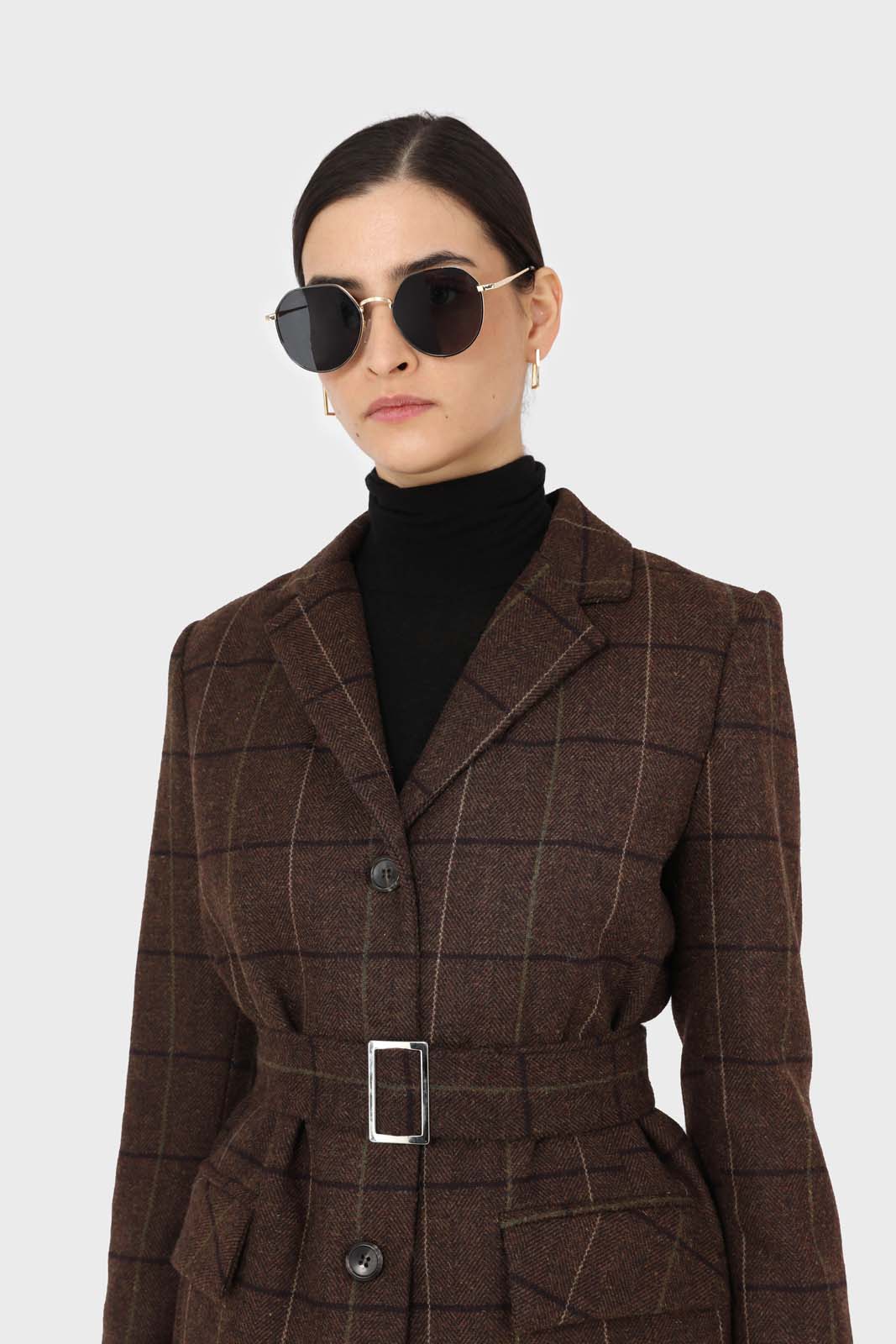 Brown checked wool blend thick belted blazer