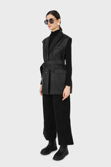 Black micro corduroy belted loose fit trousers