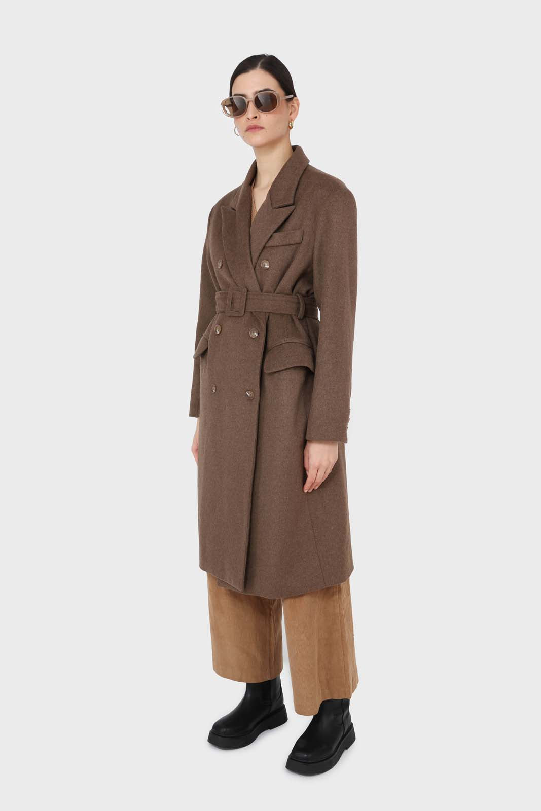 Beige micro corduroy belted loose fit trousers