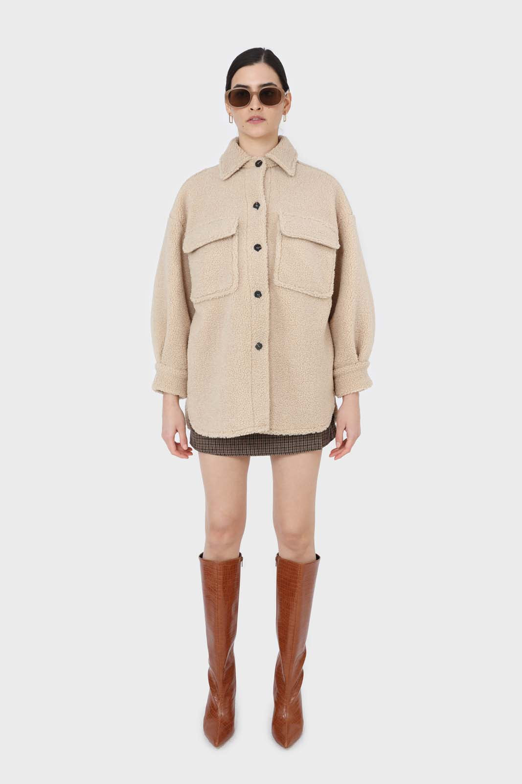 Beige checked button up wrap mini skirt