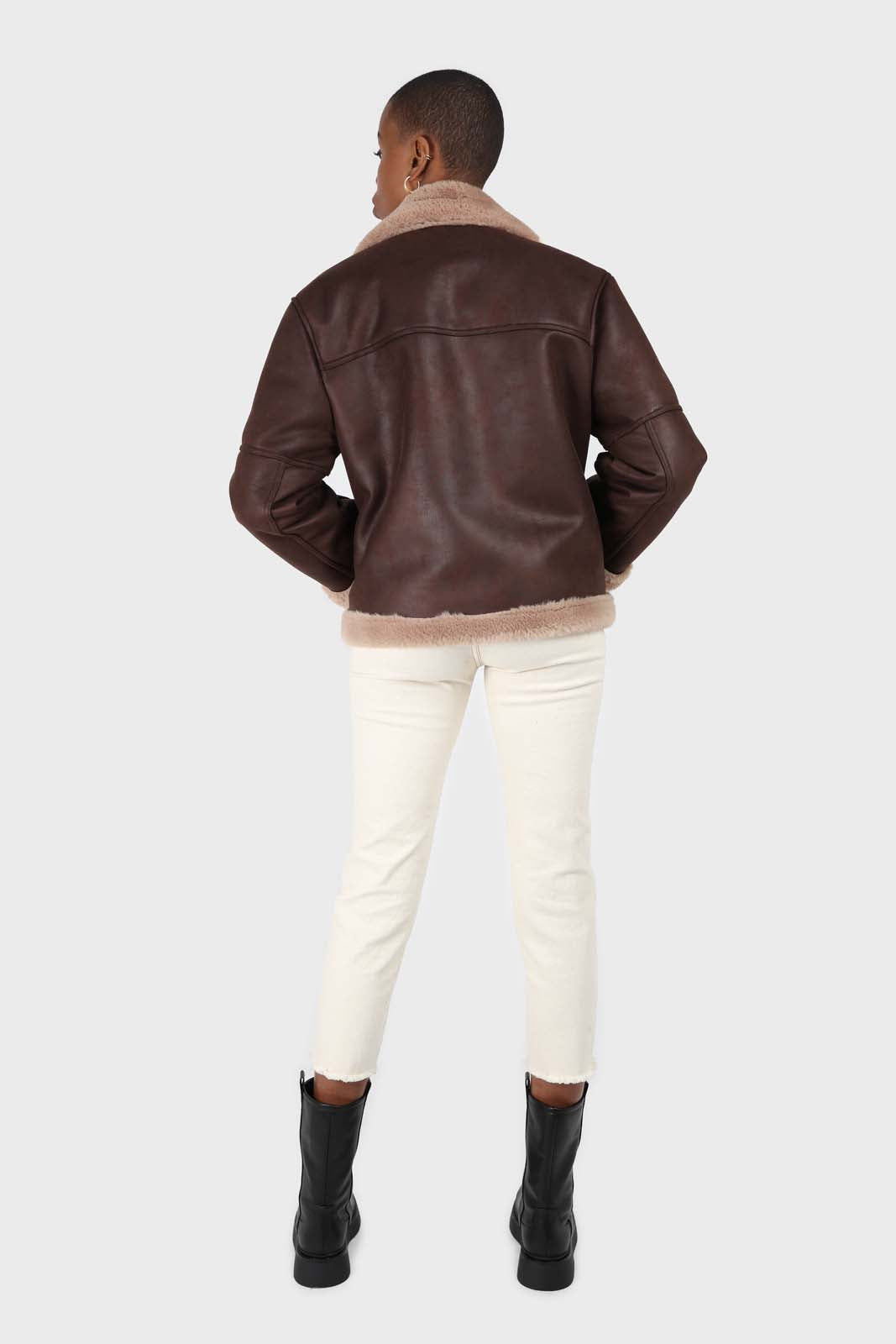 Brown and beige faux fur biker jacket