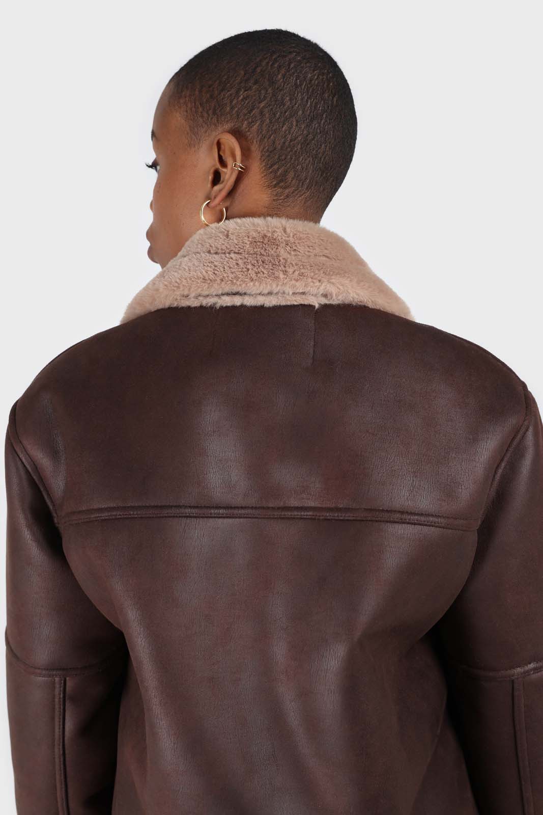 Brown and beige faux fur biker jacket