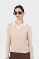 Beige and white contrast collar knit top