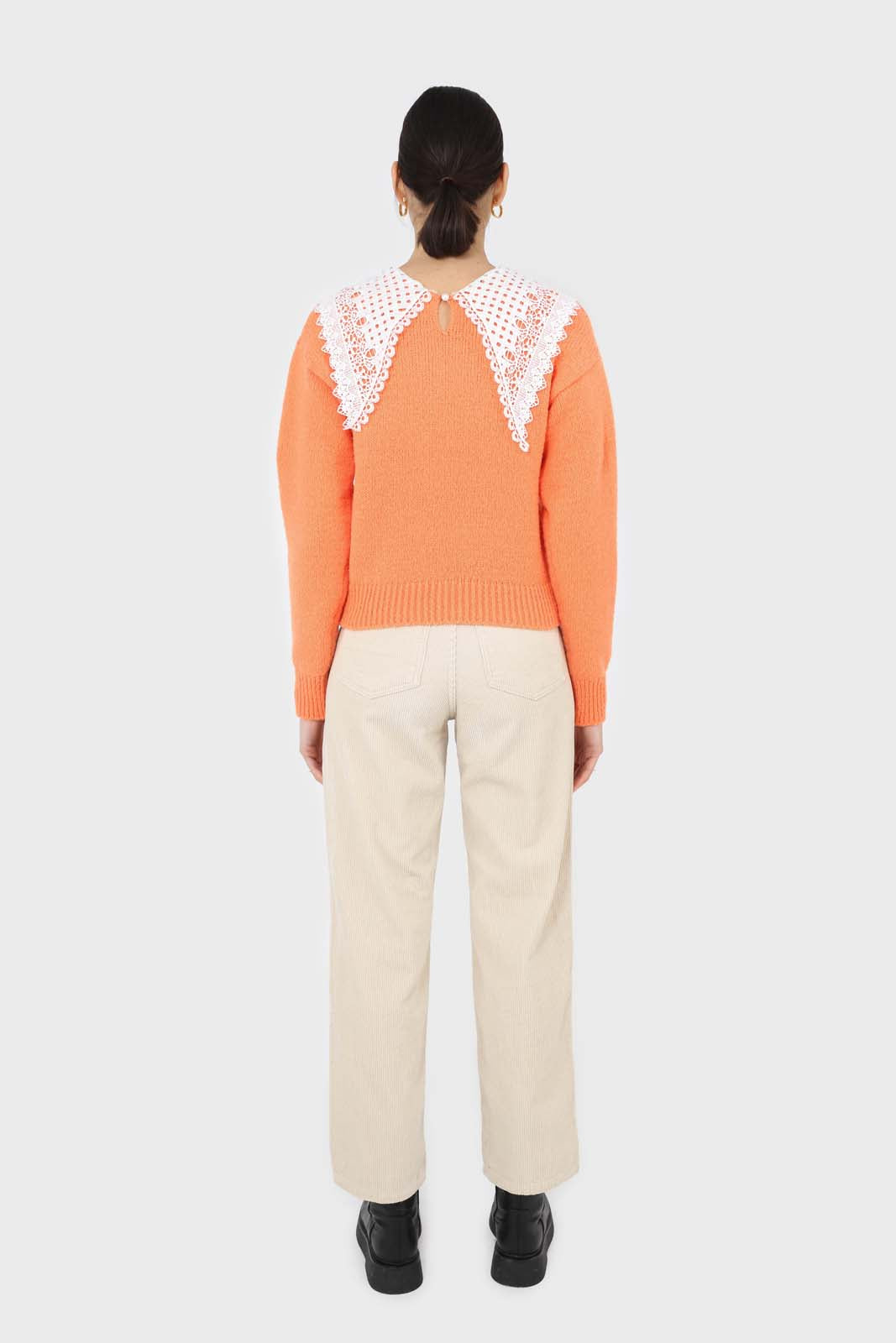 Orange large lace collar knit top
