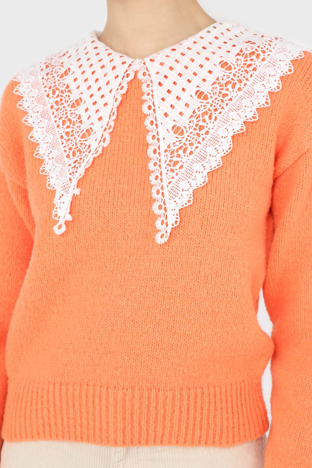 Orange large lace collar knit top