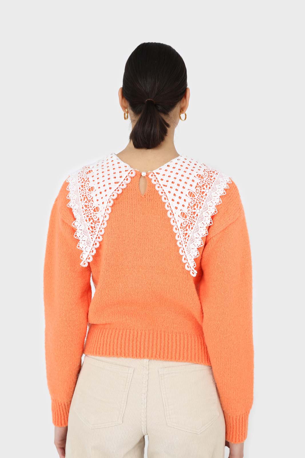 Orange large lace collar knit top