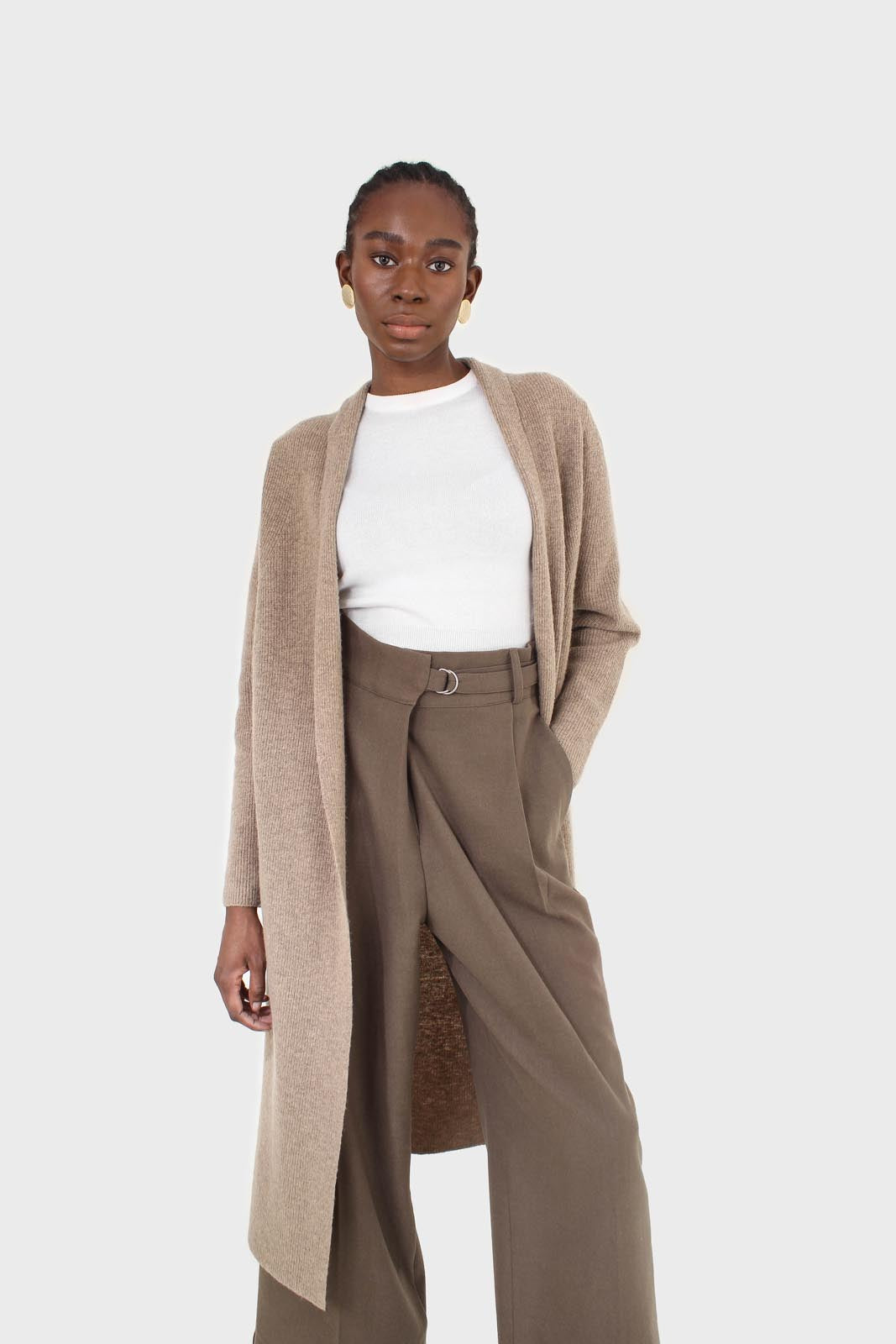 Brown tucked wrap belted loose fit trousers