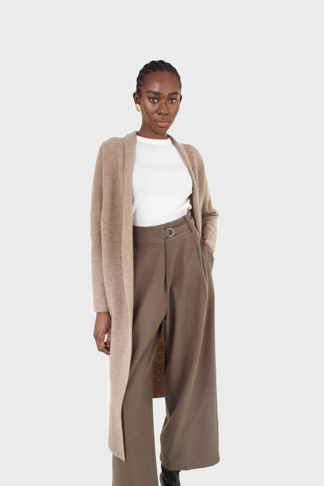Brown tucked wrap belted loose fit trousers