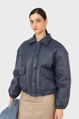 Navy vegan leather blouson jacket