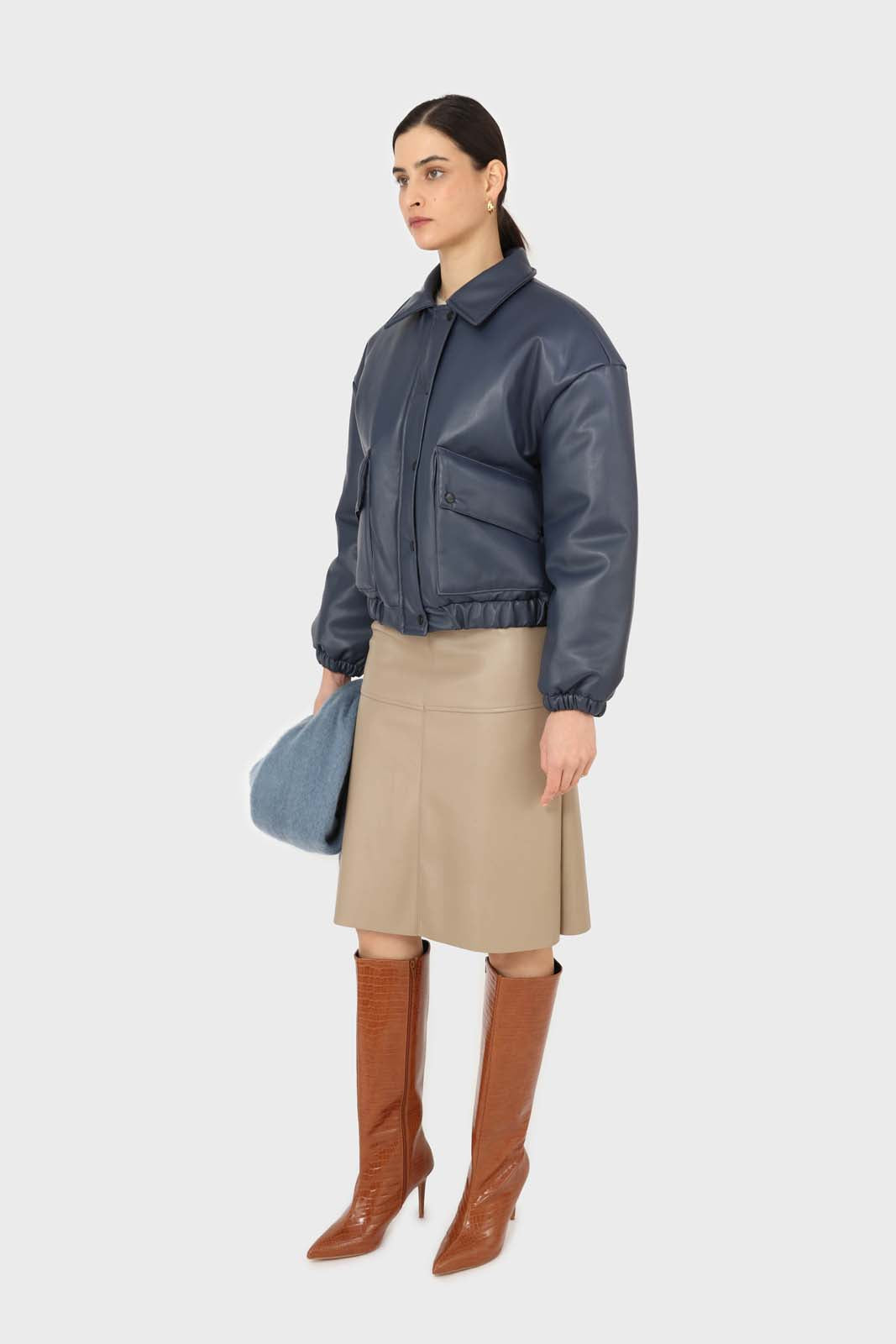 Navy vegan leather blouson jacket