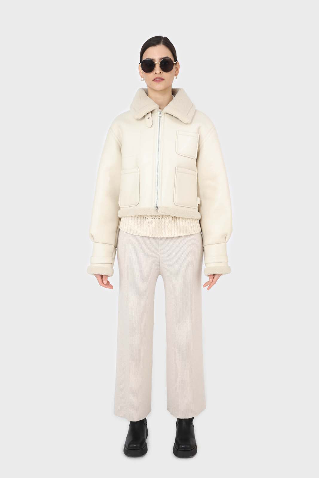 Ivory faux shearling biker jacket
