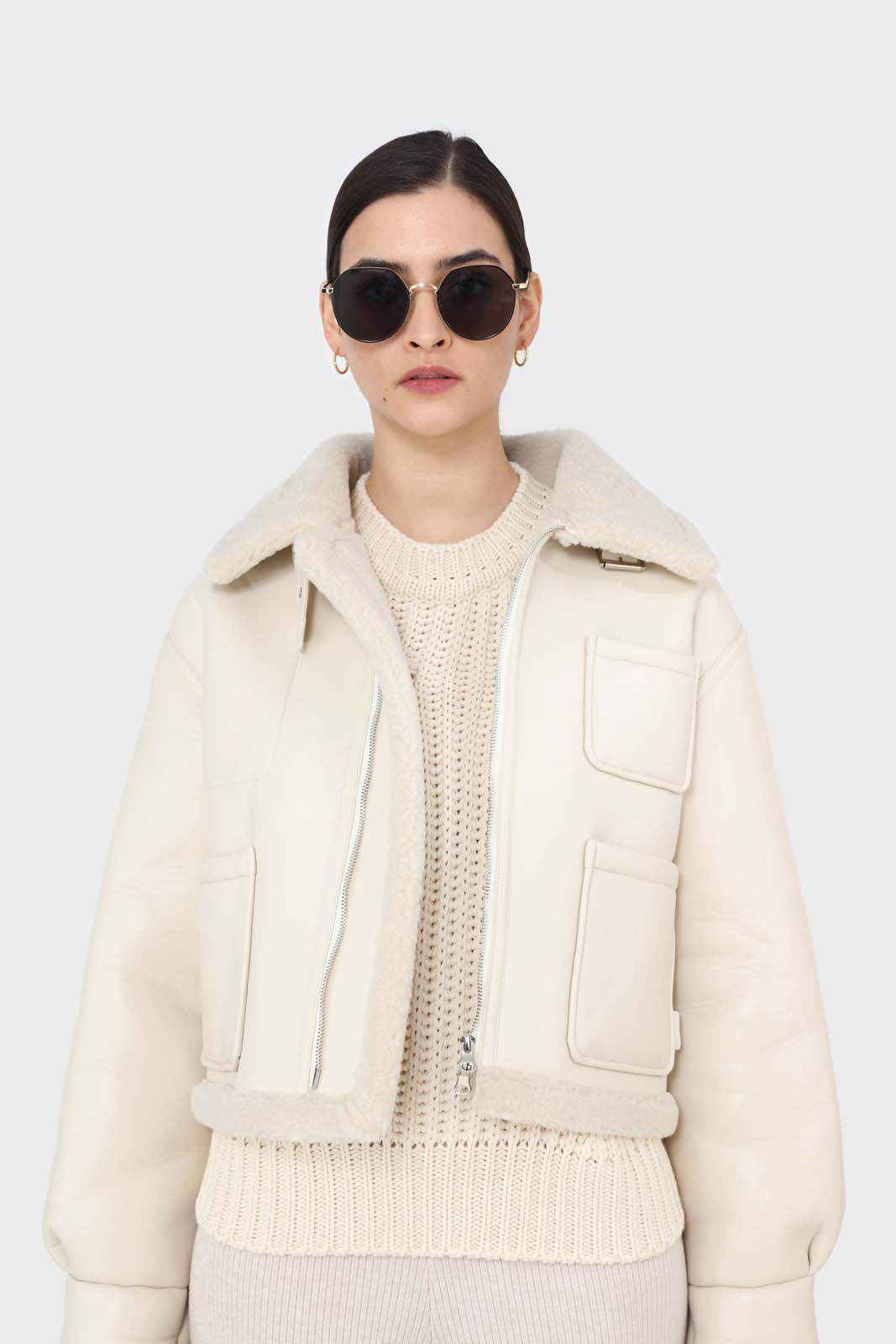 Ivory faux shearling biker jacket