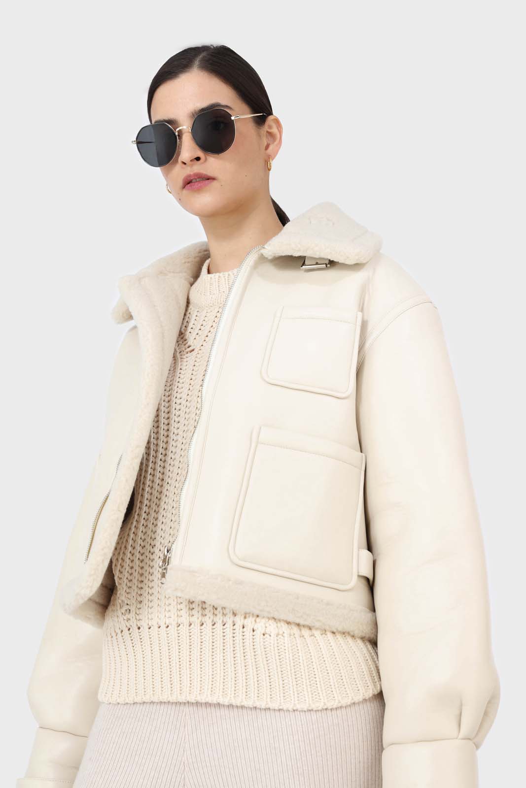 Ivory faux shearling biker jacket