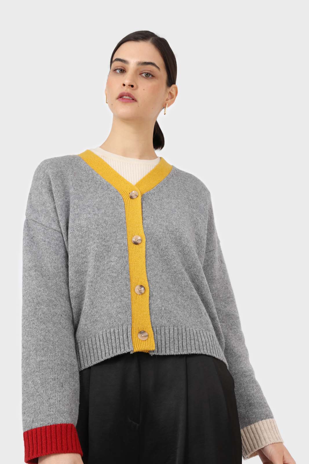 Grey and yellow contrast trim cardigan