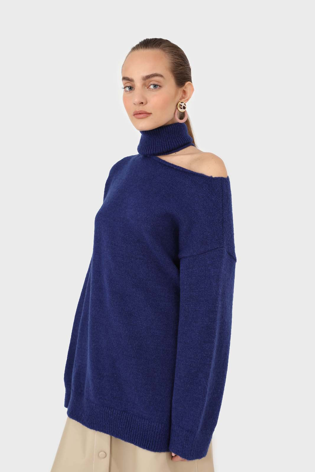 Cobalt blue slit neck turtleneck jumper